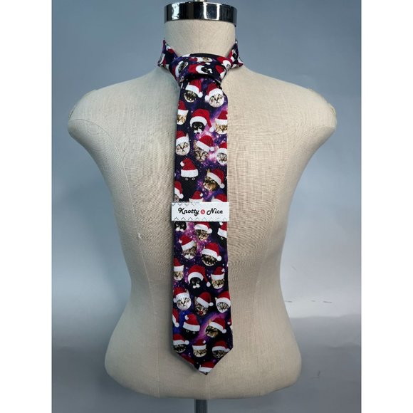 Knotty and Nice Holiday Space Cats Tie OS Purple, red Christmas Cats Space Pol - Picture 12 of 16